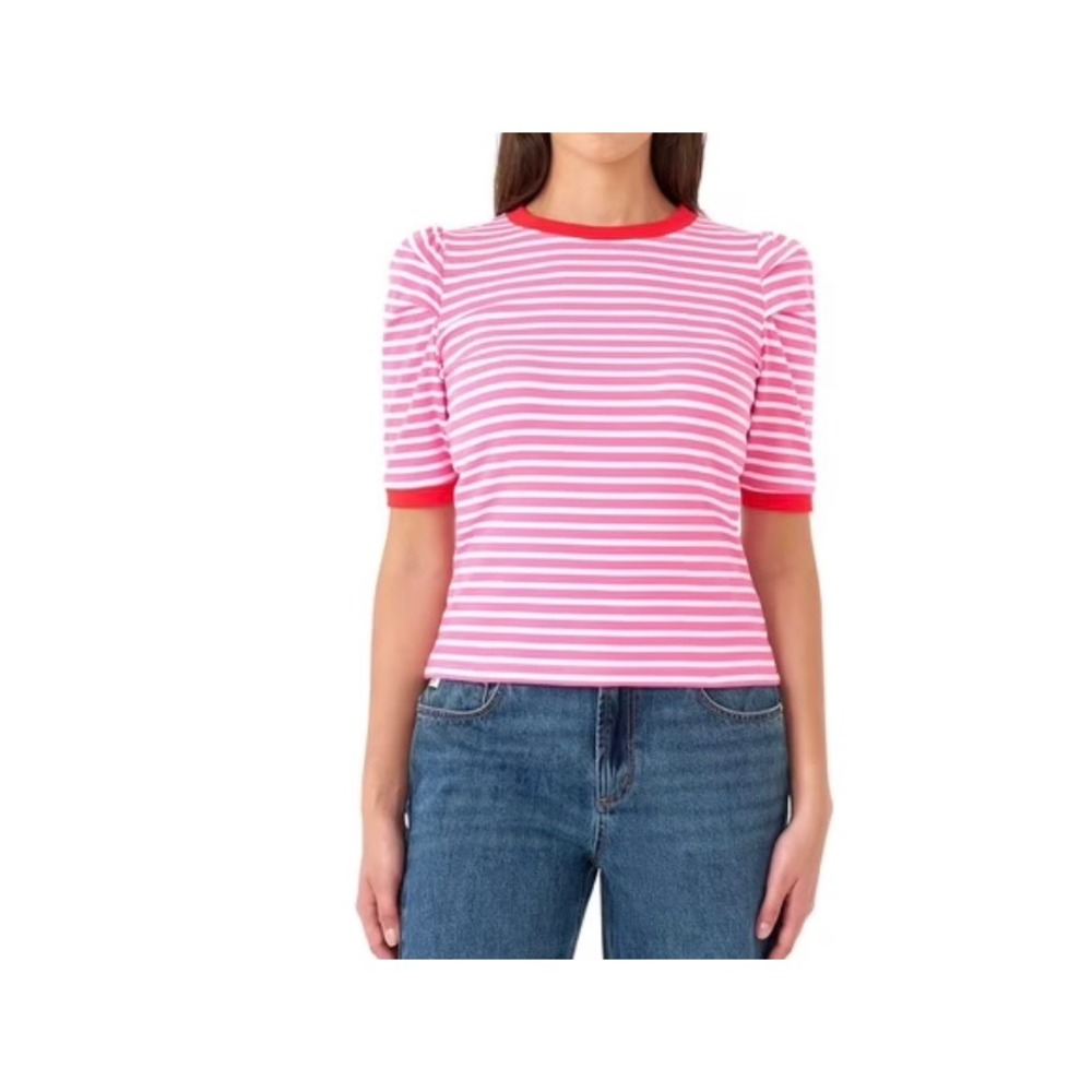 Pink Striped Puff Sleeve Ribbed Top Preppy Barbiecore Y2K Small NWT